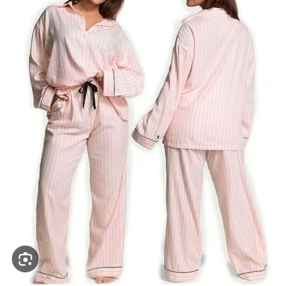 Victoria's Secret Flannel Popover Long Pajama Set-Pink & White -Size L- 26926857 - Picture 1 of 4